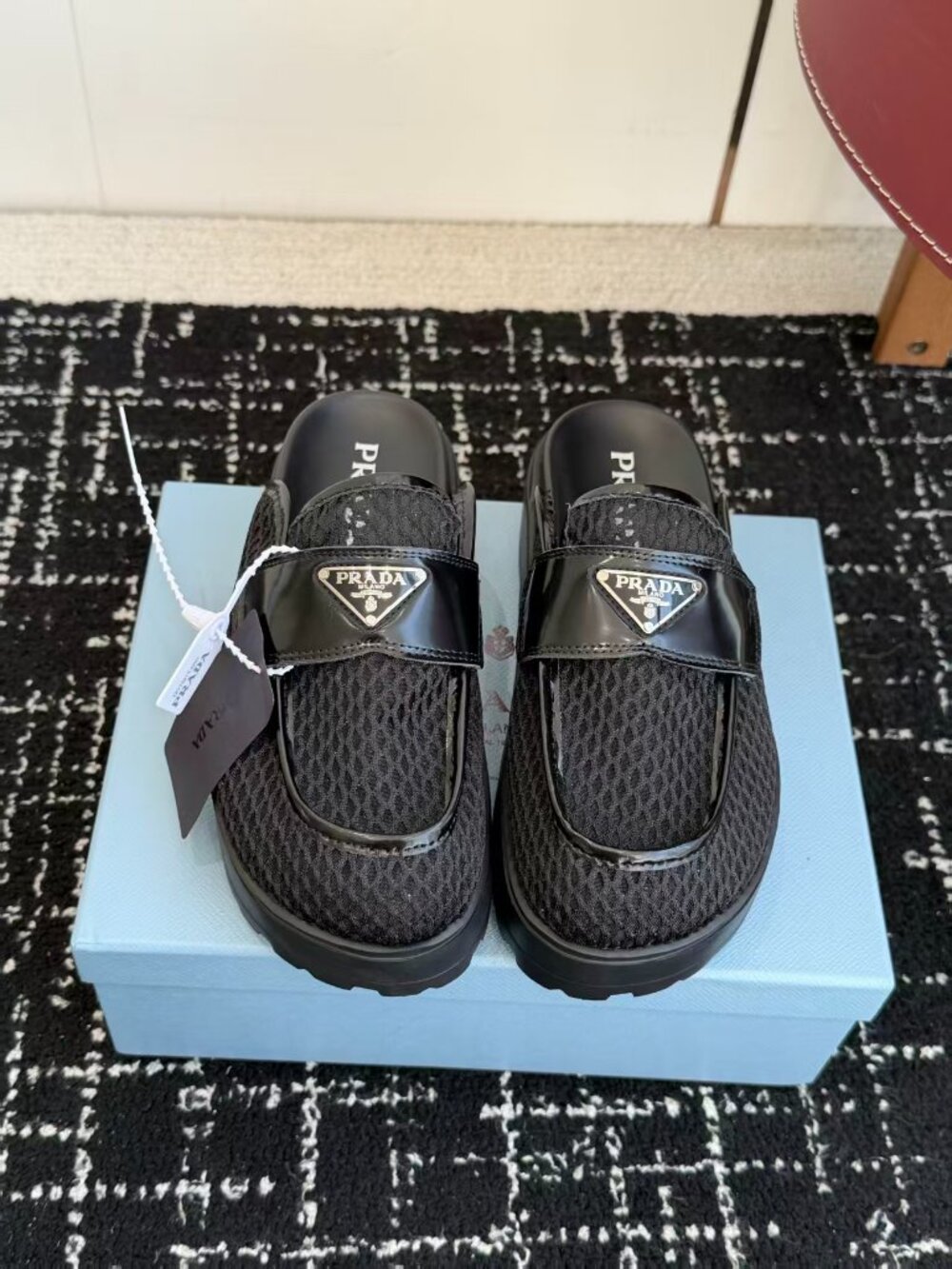 Prada Black Triangle Logo Strap Platform Slip On Mules